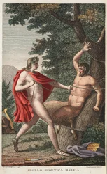 Marsyas er flådd av Apollo eller Apollo Scortica Marsia, bok VI, illustrasjon fra Ovids Metamorphoses, Firenze, 1832 (håndfarget gravering)